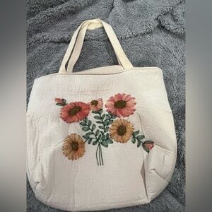 Floral Embroidered Cream Tote Bag